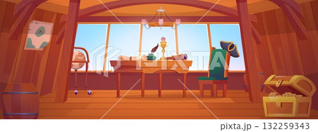 The interior of a pirate ship's cabin with wooden walls, a chest, windows, a table, and a chair. The interior of a pirate ship's cabin with wooden walls, a chest, windows, a table, and a chair. 132259343