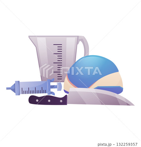 Cooking equipment, measuring cup with divisions, knife, pastry syringe, round shape. Cooking equipment, measuring cup with divisions, knife, pastry syringe, round shape. 132259357