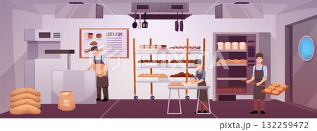 Bakery interior with industrial kitchen equipment, workers, production of bakery products. Bakery interior with industrial kitchen equipment, workers, production of bakery products. 132259472