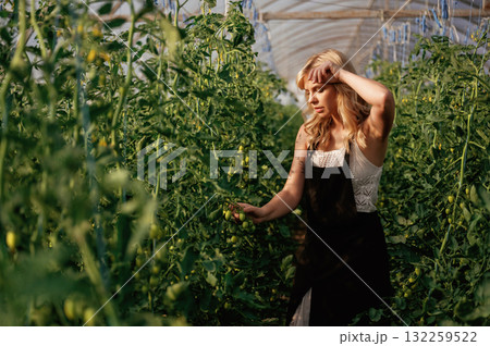 Tired after hard work. Beautiful woman is in the greenhouse 132259522