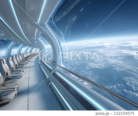 Cool tones dominate the color scheme, reflecting the chill of space, with accents of blue and white to represent the vastness of space and the Earth below 132259575