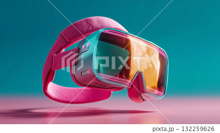 A pair of futuristic-looking virtual reality (VR) goggles placed on a surface with a gradient background transitioning from pink to blue, suggesting a modern and tech-oriented theme. A pair of futuristic-looking virtual reality (VR) goggles placed on a surface with a gradient background transitioning from pink to blue, suggesting a modern and tech-oriented theme. 132259626