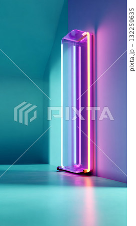 A modern art installation featuring a series of vertical neon lights in various shades of pink and purple. 132259635