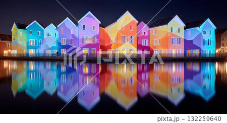 Colorful houses reflected in water at night, with soft lighting that enhances the vivid hues and creates a serene atmosphere 132259640