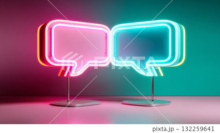 Two neon speech bubbles against a dark background. The speech bubbles are pink and green, illuminated from within, suggesting they are turned on or active. 132259641