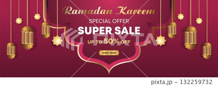 Ramadan Kareem Web Background Super Sale Banner with Podium for Display of product. Ramadan Mega Big Sale Promotion Poster and Social Media Post. Islamic Special Offer Promotion Banner Design Template 132259732
