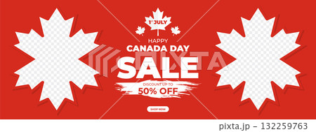 Canada Day Sale Web Banner. Happy Canada Independence Day Mega Big Sale Banner Background Illustration. Canada Day Weekend Promotion Discount Banner. First of July Holiday Special Offer Template 132259763