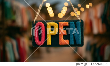 Bright and colorful felt open sign hanging on glass door with blurry store background lights 132260022