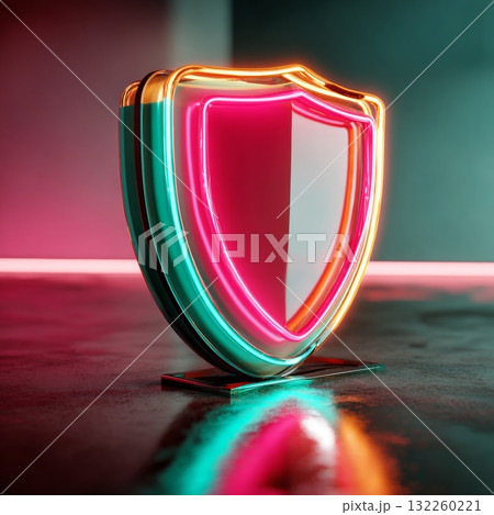 A three-dimensional neon sign shaped like a shield. The shield is predominantly pink with a green outline and has a reflective surface that captures the surrounding light, creating a glowing effect. A three-dimensional neon sign shaped like a shield. The shield is predominantly pink with a green outline and has a reflective surface that captures the surrounding light, creating a glowing effect. 132260221