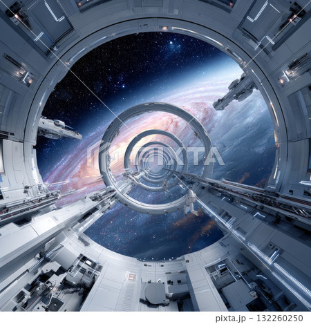 A futuristic spacecraft interior with a large circular window through which a stunning view of outer space is visible. 132260250