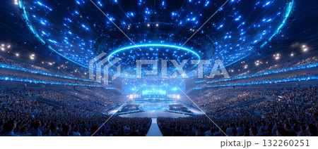 A large indoor stadium filled with spectators during what appears to be a live event or concert. A large indoor stadium filled with spectators during what appears to be a live event or concert. 132260251