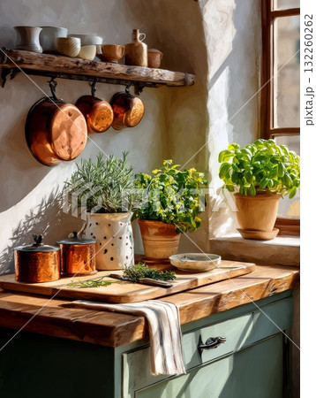 A cozy kitchen scene featuring a wooden countertop with various pots, pans, and herbs, bathed in soft sunlight that casts warm shadows on the white walls and creates a rustic charm A cozy kitchen scene featuring a wooden countertop with various pots, pans, and herbs, bathed in soft sunlight that casts warm shadows on the white walls and creates a rustic charm 132260262