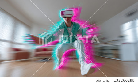 A person wearing a virtual reality (VR) headset and motion controllers, engaged in what appears to be an active VR gaming session. A person wearing a virtual reality (VR) headset and motion controllers, engaged in what appears to be an active VR gaming session. 132260299