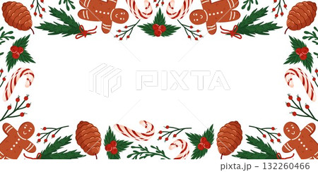 Christmas border frame with gingerbread man, candy cane, pinecone, holly berry and evergreen branch on white background. Banner design with empty center space in flat style. Christmas border frame with gingerbread man, candy cane, pinecone, holly berry and evergreen branch on white background. Banner design with empty center space in flat style. 132260466
