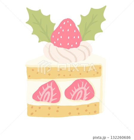 Strawberry shortcake slice with holly illustration pastel coquette Christmas dessert clipart kawaii bakery art hand drawn for cards prints and crafts 132260686