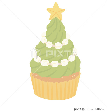 Christmas tree cupcake illustration pastel coquette Christmas dessert clipart kawaii bakery art hand drawn for cards invitations digital planners and crafts 132260687