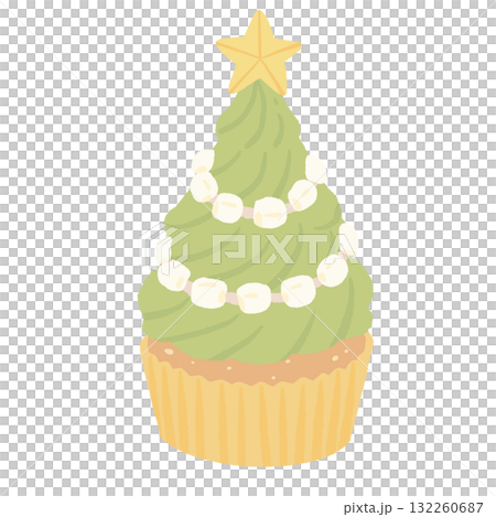 Christmas tree cupcake illustration pastel coquette Christmas dessert clipart kawaii bakery art hand drawn for cards invitations digital planners and crafts 132260687