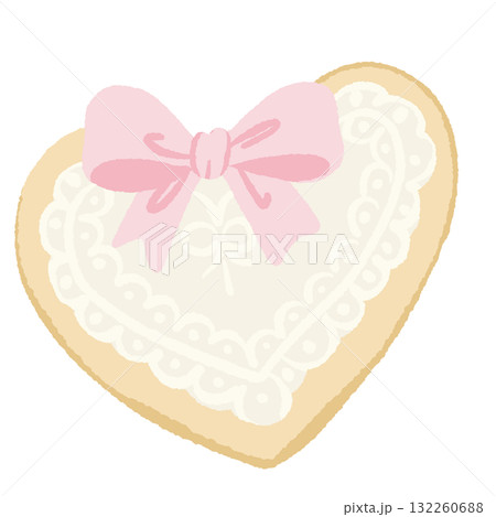 Heart cookie with lace icing and pink bow illustration pastel coquette Christmas dessert clipart kawaii bakery art hand drawn for cards wrapping paper and crafts 132260688