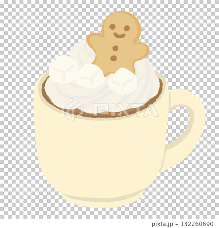 Hot cocoa mug with whipped cream and gingerbread cookie illustration pastel coquette Christmas dessert clipart kawaii bakery art for cards planners and prints 132260690