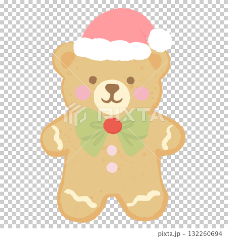 Gingerbread bear cookie with Santa hat illustration pastel coquette Christmas dessert clipart kawaii cookie art hand drawn for cards invitations and crafts 132260694