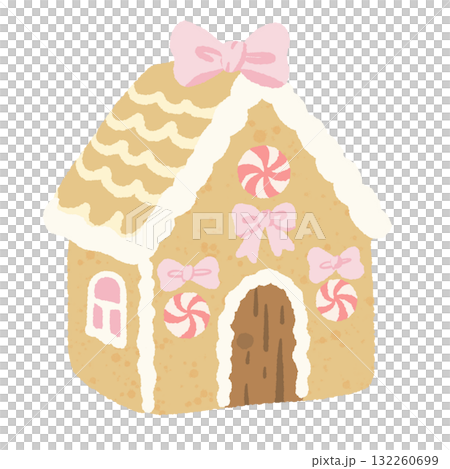 Gingerbread house with pink bows illustration pastel coquette Christmas dessert clipart kawaii holiday art hand drawn for cards stickers and crafts 132260699