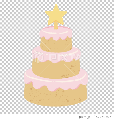 Three tier cake with pink icing and star topper illustration pastel coquette Christmas dessert clipart kawaii bakery art hand drawn for cards and decor 132260707