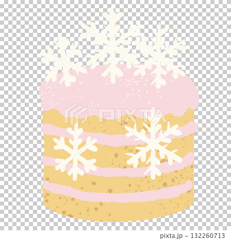 Pastel pink snowflake cake illustration kawaii coquette Christmas dessert clipart hand drawn winter bakery aesthetic art for cards stickers and crafts 132260713