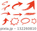 ラフに描かれた赤の矢印と吹き出しセット 132260810