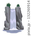 Cartoon river waterfall. Landscape with mountains and trees. Design element for travel brochure or illustration mobile game. Fresh natural water 132260914