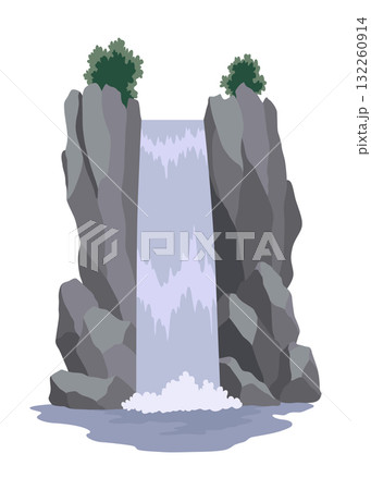 Cartoon river waterfall. Landscape with mountains and trees. Design element for travel brochure or illustration mobile game. Fresh natural water 132260914