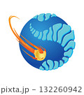 A blue globe representing Earth with a bright comet emerging from it 132260942