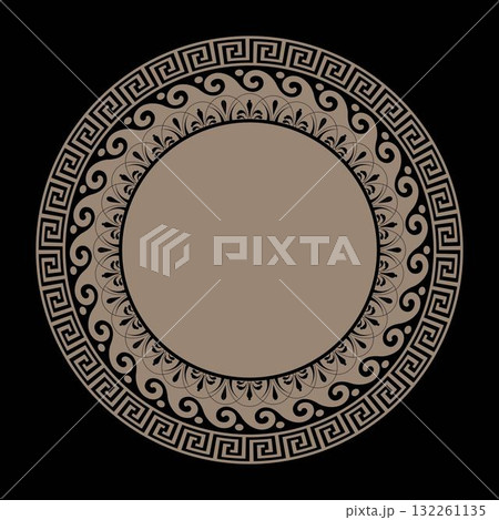 Greek vector round frame. Round pattern with greek key meanders. Porcelain plate with arabesque, floral meander. Greek key. Oval frame with greek ornament. Pattern of Greece, ancient Rome. Greek vector round frame. Round pattern with greek key meanders. Porcelain plate with arabesque, floral meander. Greek key. Oval frame with greek ornament. Pattern of Greece, ancient Rome. 132261135