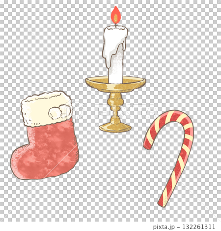 聖誕物品組：襪子、拐杖糖、蠟燭。手繪水彩插圖（透明）。 132261311