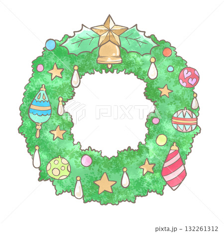 星とベルの飾りのクリスマスリース 手書き水彩イラスト(透過) 星とベルの飾りのクリスマスリース 手書き水彩イラスト(透過) 132261312