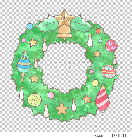 星とベルの飾りのクリスマスリース 手書き水彩イラスト(透過) 星とベルの飾りのクリスマスリース 手書き水彩イラスト(透過) 132261312