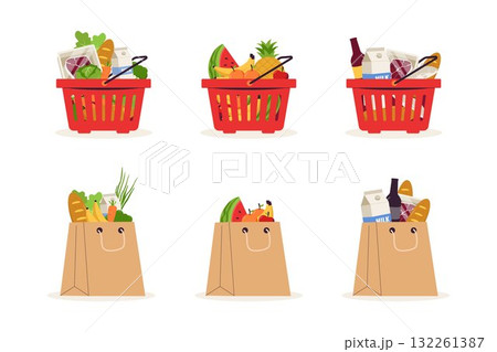 Illustration of Grocery Shopping Basket and Paper Bag Set 132261387