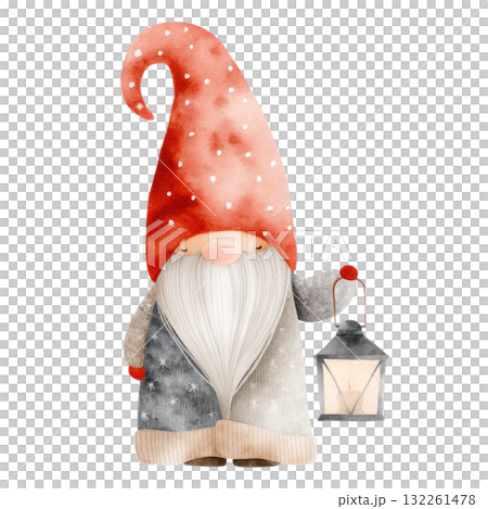 Whimsical gnome character with a red polka dot hat holding a lantern, surrounded by a festive winter atmosphere, perfect for Christmas celebrations. Isolated on transparent background. 132261478