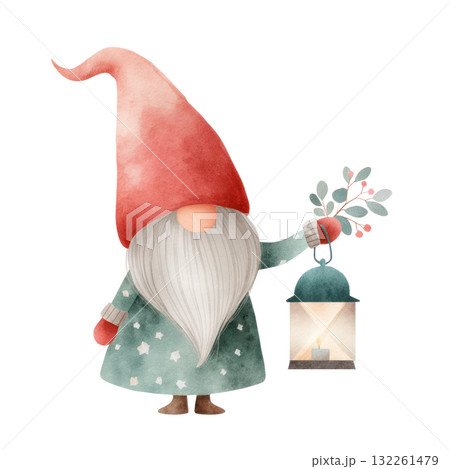 Whimsical gnome character holding a lantern adorned with greenery, wearing a festive red hat and patterned coat, embodying a joyful Christmas spirit. Isolated on transparent background. Whimsical gnome character holding a lantern adorned with greenery, wearing a festive red hat and patterned coat, embodying a joyful Christmas spirit. Isolated on transparent background. 132261479