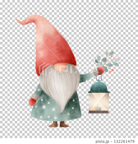 Whimsical gnome character holding a lantern adorned with greenery, wearing a festive red hat and patterned coat, embodying a joyful Christmas spirit. Isolated on transparent background. Whimsical gnome character holding a lantern adorned with greenery, wearing a festive red hat and patterned coat, embodying a joyful Christmas spirit. Isolated on transparent background. 132261479