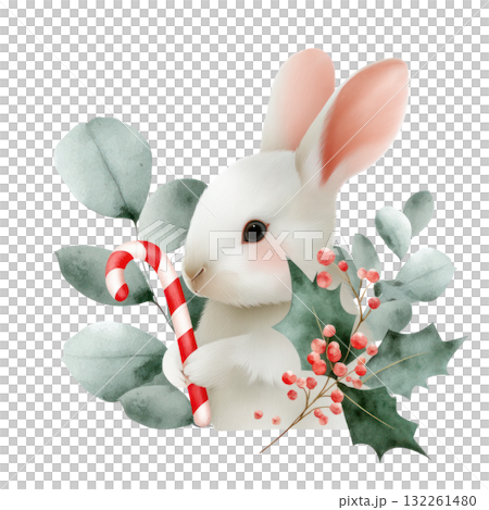 Cute white rabbit holding a candy cane surrounded by festive greenery and berries, embodying the joyful spirit of Christmas celebrations. Isolated on transparent background. 132261480