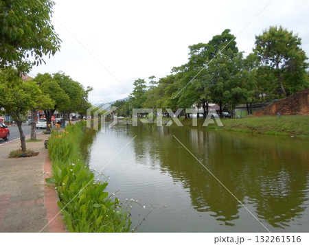 Calm Riverside Scene with Lush Vegetation and Tree Lined Banks Under Overcast Sky 132261516