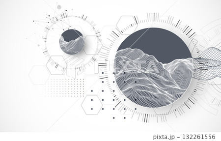 Abstract composition with wireframe wave and technology circles. Vector Abstract composition with wireframe wave and technology circles. Vector 132261556