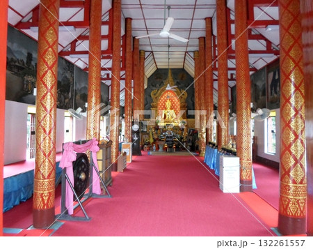 Grand Temple Interior with Buddha Altar and Red Pillars Grand Temple Interior with Buddha Altar and Red Pillars 132261557