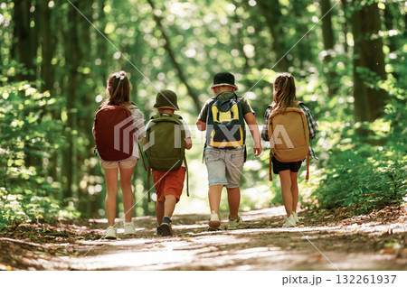 Conception of hiking. Kids in forest at summer daytime together Conception of hiking. Kids in forest at summer daytime together 132261937