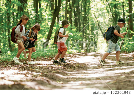 Weekend hiking. Kids in forest at summer daytime together 132261948