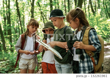 Little tourists. Kids in forest at summer daytime together Little tourists. Kids in forest at summer daytime together 132261961