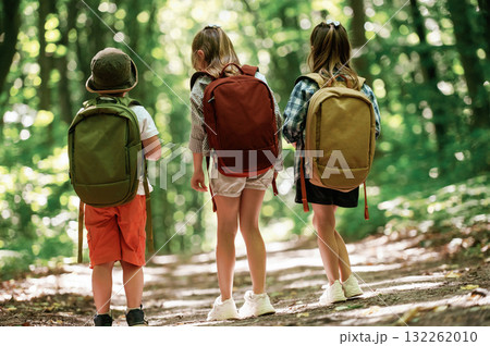 Two girls and a boy. Kids in forest at summer daytime together Two girls and a boy. Kids in forest at summer daytime together 132262010