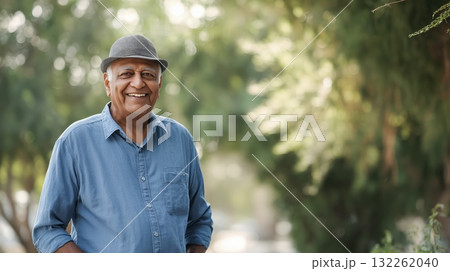 Photorealistic image of an elderly man, smiling and walking outdoors in a park, natural background, generative ai illustration. 132262040