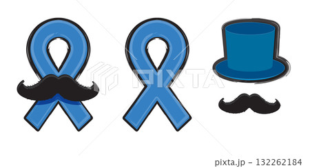 Hat, Blue ribbon with moustache symbol november mens health month. Doodle style Blue ribbon and moustache icons isolated on white background. Sticker , label and icon of prostate cancer awareness set Hat, Blue ribbon with moustache symbol november mens health month. Doodle style Blue ribbon and moustache icons isolated on white background. Sticker , label and icon of prostate cancer awareness set 132262184