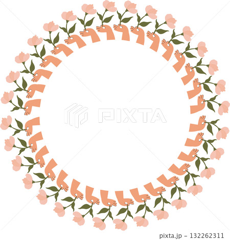 Flourish frame decoration. Hand with pink tulip border. Flower square frame for International Women's Day Flourish frame decoration. Hand with pink tulip border. Flower square frame for International Women's Day 132262311
